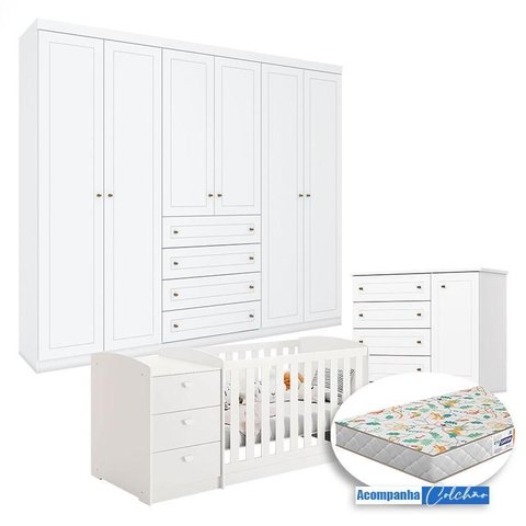 Quarto Infantil Americano 6 Portas com Berço Multifuncional Atlanta Branco Fosco e Colchão Gazin
