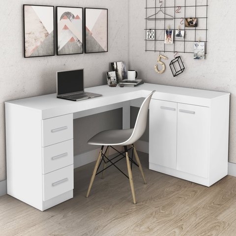 Escrivaninha Mesa Escritório em L 3 Gavetas 2 Portas 156cm