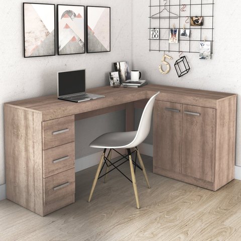 Escrivaninha Mesa Escritório em L MSM446 2 Portas 156cm Rústico Marrom