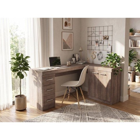 Escrivaninha Mesa para Escritório em L com 2 Portas e 3 Gavetas 156cm Rústico/Marrom