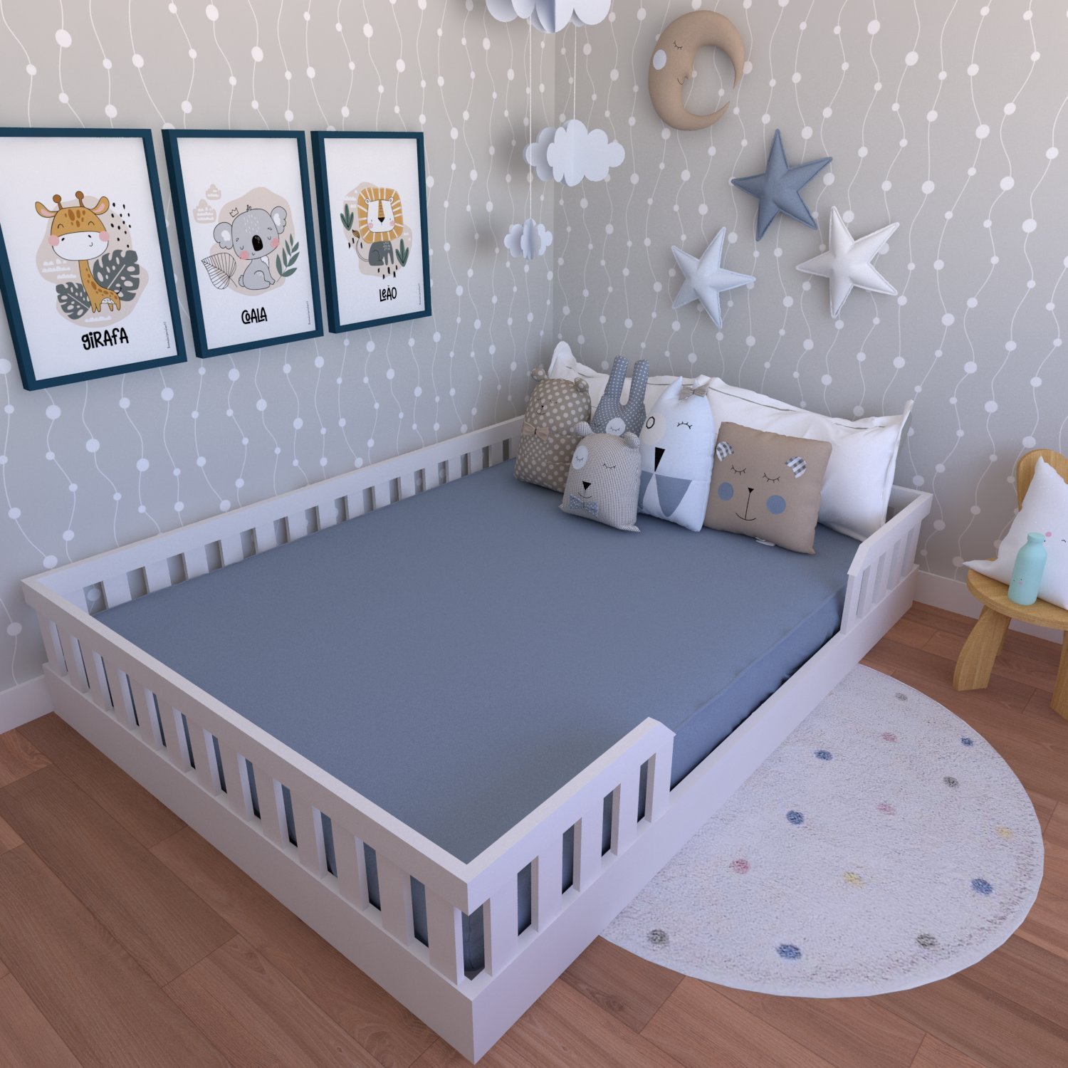 Mini cama Juvenil Infantil Gatinho Branca/Azul Com Colchão - Móveis Bela