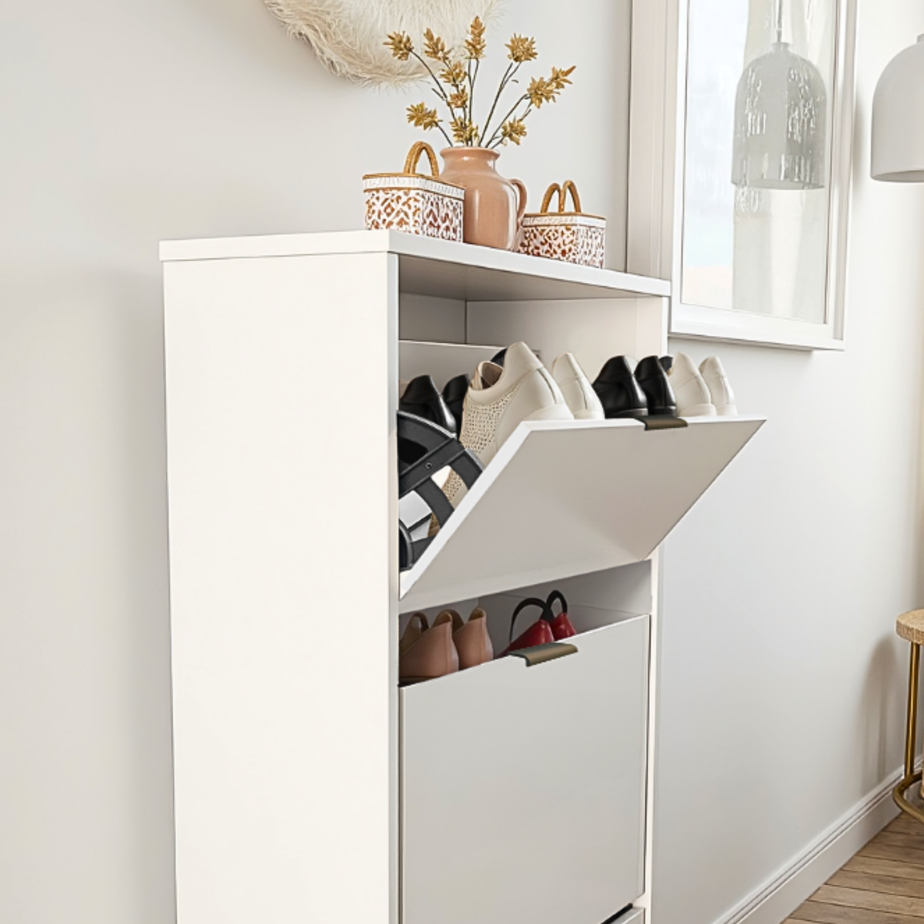 Sapateira Aparador Branca Madeira Multiuso para Calçados 6 Pares Hall de Entrada Suporte Decorativo - 6