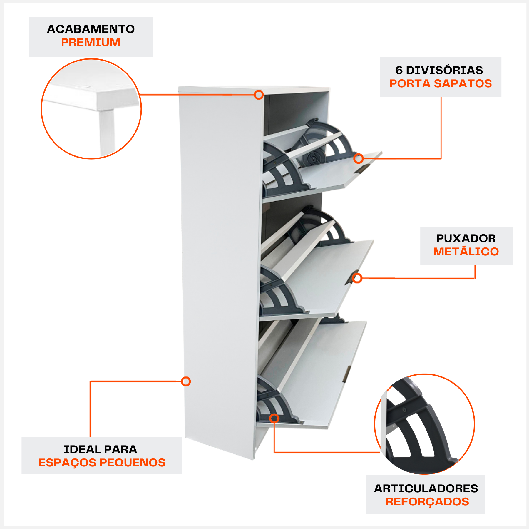 Sapateira Aparador Branca Madeira Multiuso para Calçados 6 Pares Hall de Entrada Suporte Decorativo - 7