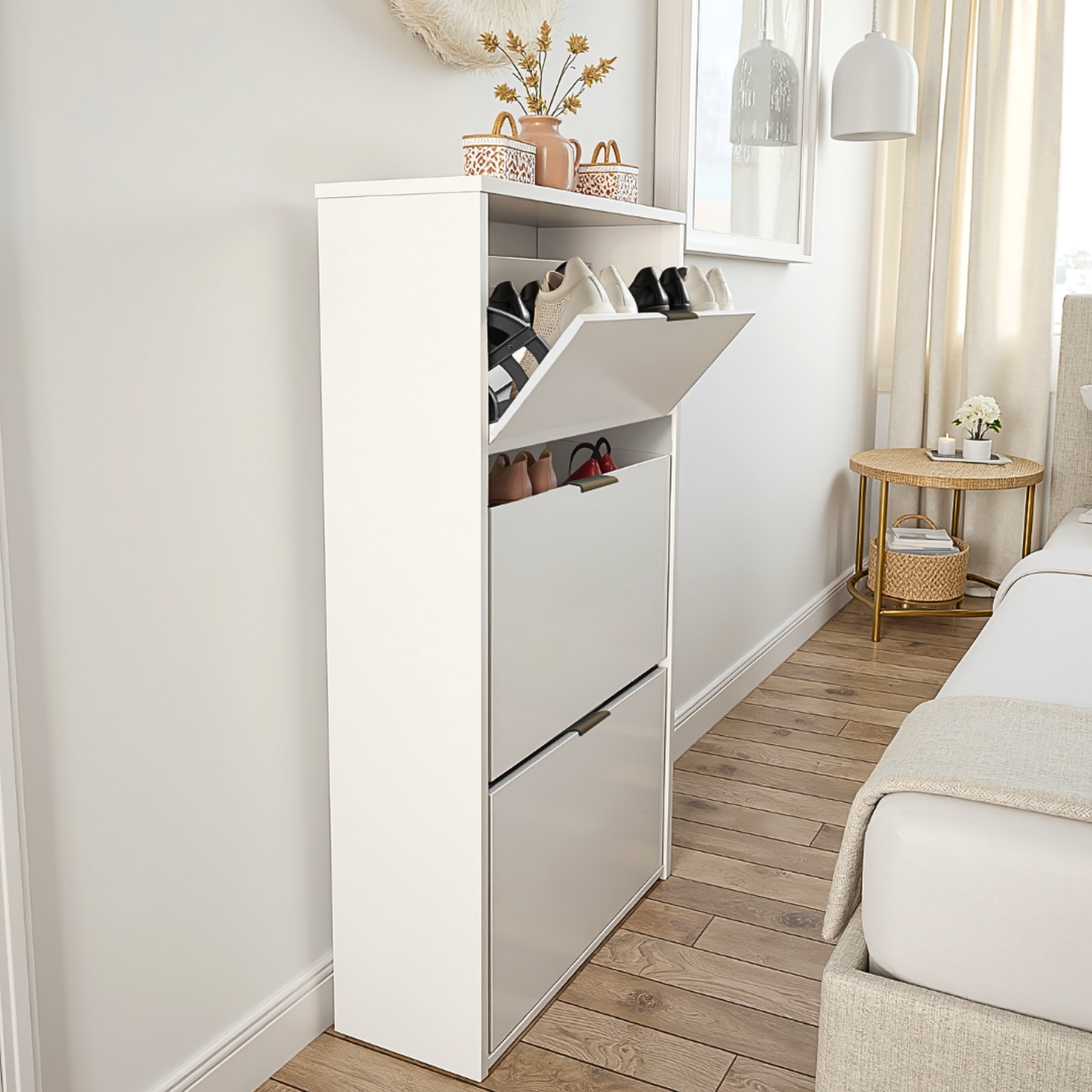 Sapateira Aparador Branca Madeira Multiuso para Calçados 6 Pares Hall de Entrada Suporte Decorativo