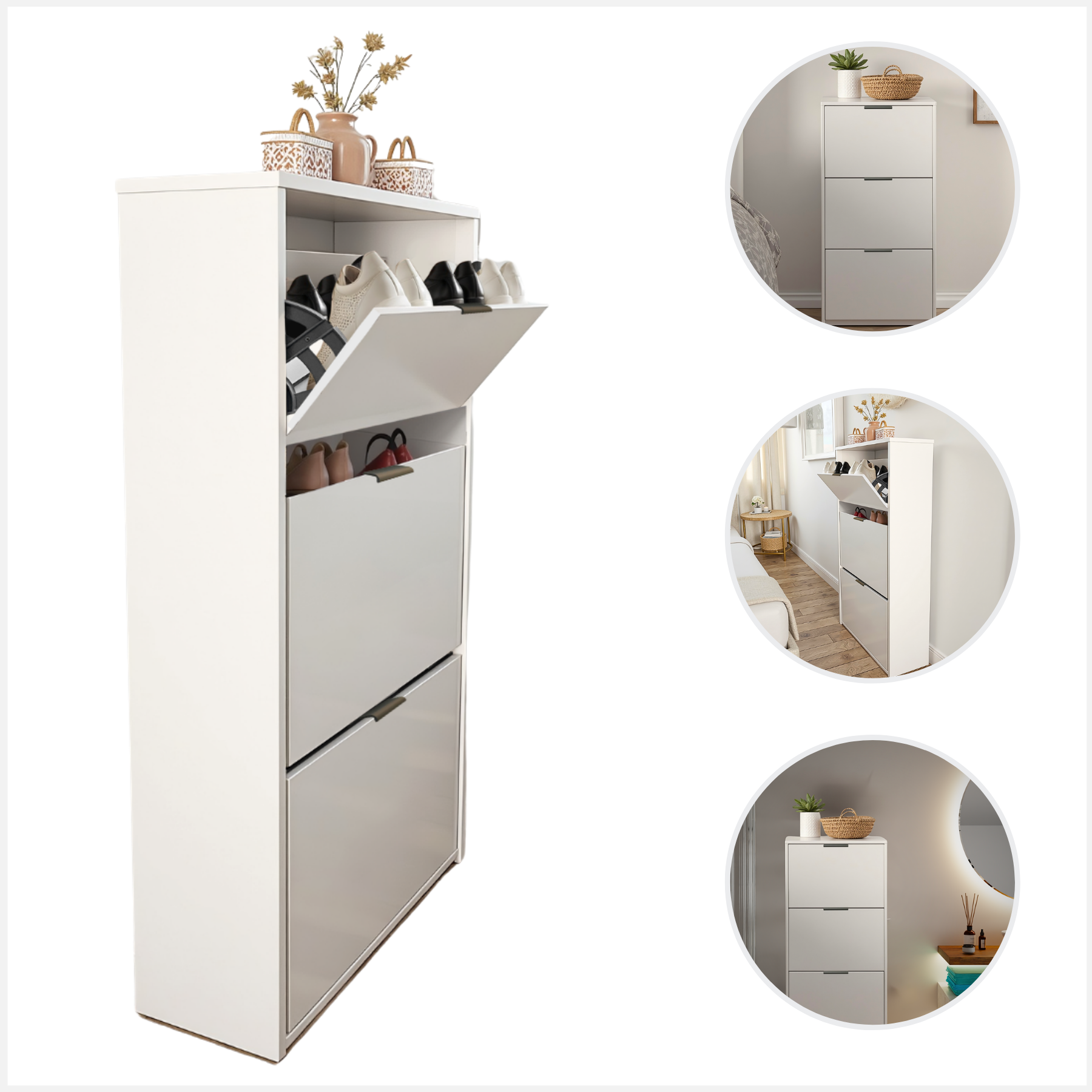 Sapateira Aparador Branca Madeira Multiuso para Calçados 6 Pares Hall de Entrada Suporte Decorativo - 4