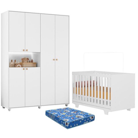 Berço Nacional Life 2217 com Colchão Ortobom com Guarda Roupa Infantil Vittoria 6 Portas Branco - Mó