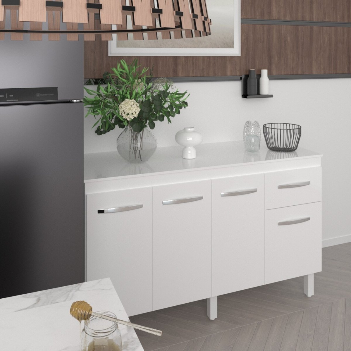 Balcão Cozinha Armário Gabinete Camila Branco com Tampo Tampão 140 Cm Mobília Decor Branco - 3