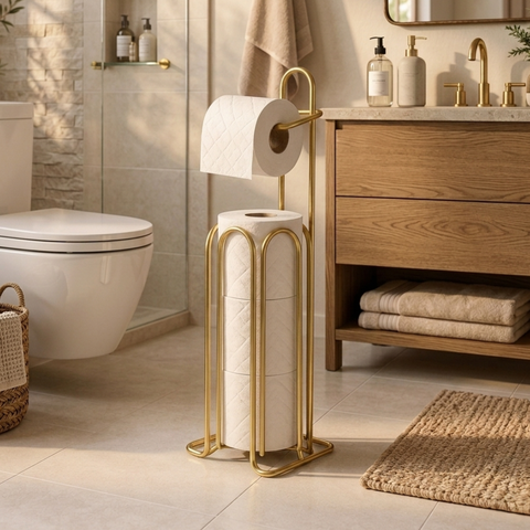 Suporte de Papel Higiênico Dourado Premium de Chão de Ferro Reforçado para Banheiros
