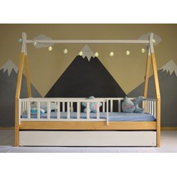 Bicama Solteirão Cabana Montessoriana Madeira Maciça Pinus - Verniz Incolor + Branco - Grade Vertica - 1