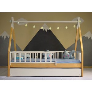 Bicama Solteirão Cabana Montessoriana Madeira Maciça Pinus - Verniz Incolor + Branco - Grade Vertica