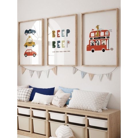 Kit 3 Quadros Infantil Beep Beep Quarto Bebê Menino Menina 40x60 Moldura Madeira