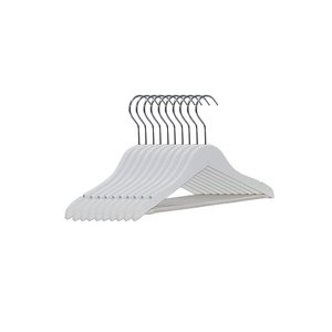 Kit 25 Cabides de Madeira Branco com Barra para Calças e Blusas – Gancho Cromado