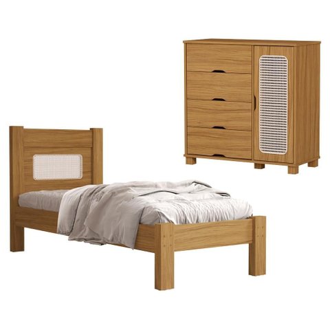 Cama de Solteiro e Comoda 4 Gavetas 1 Porta Mdf Clara Nature Decmade