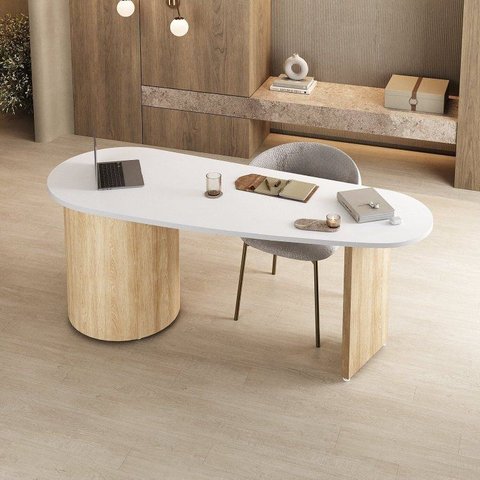 Escrivaninha Mesa Orgânica Curva Diretor Ovale 183cm Marrom e Branco Artany
