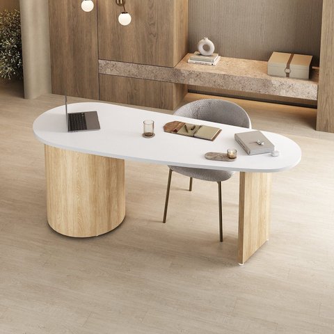 Escrivaninha Mesa Orgânica Curva com Escritório e Home Office Refinado Ovale 4 Gavetas 183cm Carvalho E Branco