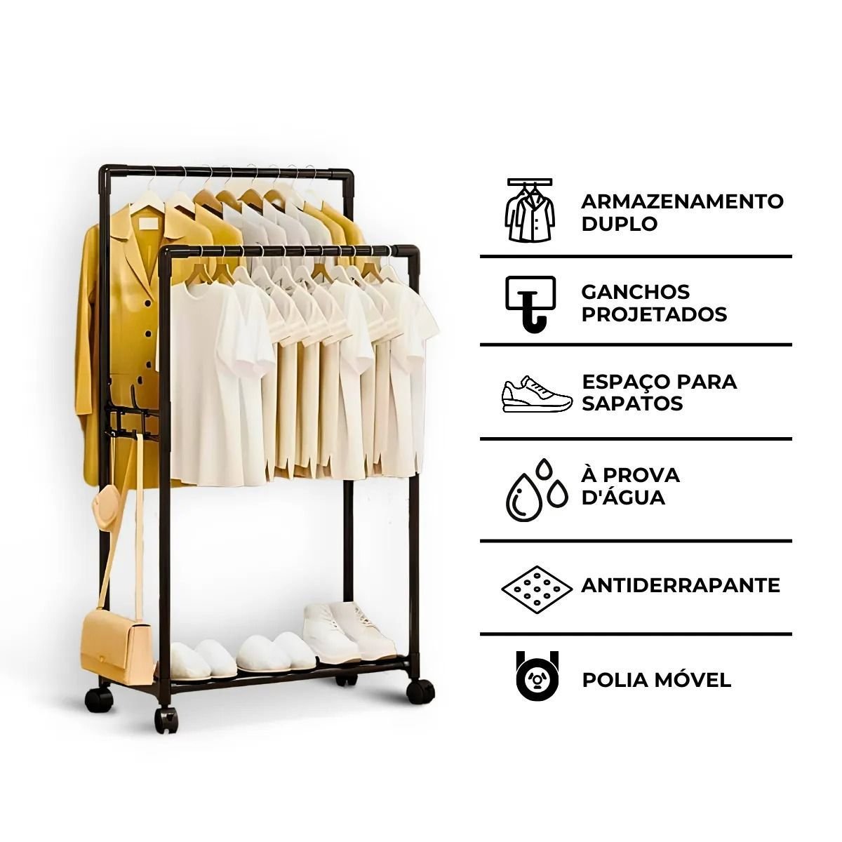 Cabideiro Duplo Móvel Arara Multiuso P/ Organização Prática - 5