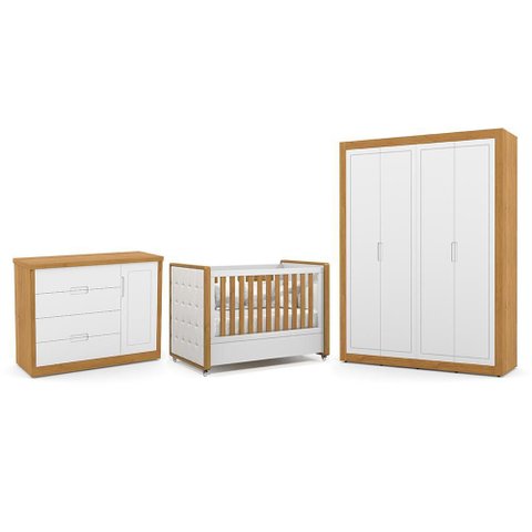 Dormitório Tutto New 4 Portas, Cômoda 1 Porta e Berço Branco Soft/freijó com Capitonê - Matic M