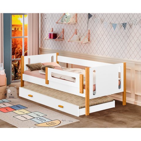 Cama Solteiro Mirela com Cama Auxiliar com Grade de Proteção - Branco/mel