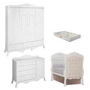 Quarto de Bebê Realeza Cômoda 1 Porta Berço com Capitonê Branco Acetinado e Colchão Gazin -