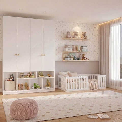 Quarto Montessoriano Mini Cama Giulia e Guarda-Roupa Curió 4 Portas Casatema MadeiraOriginals Branco