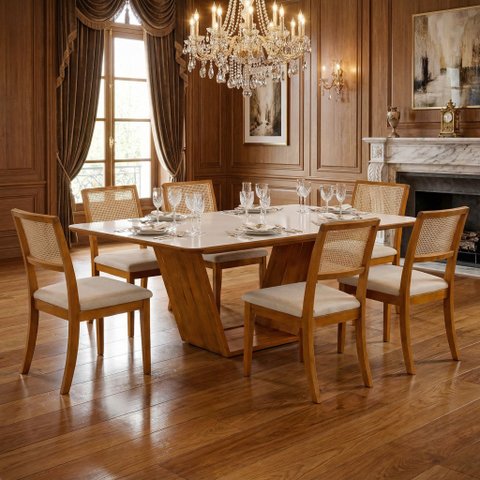 Conjunto Mesa de Jantar Safira 160x90 6 Lugares Madeira Maciça Vidro Off White + Cadeiras Rubi