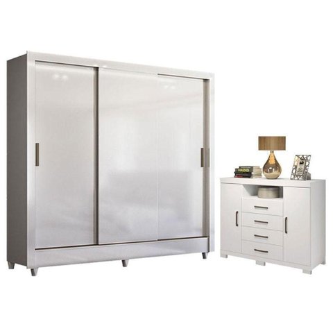Guarda Roupa Casal Itália 3 Portas de Correr 2 Gavetas MDF-MDP Branco Brilho com Cômoda Santos