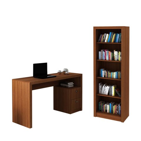 Escritório com Mesa para Computador 2 Gavetas com Armário Prateleiras Portas Amendoa - Fdecor