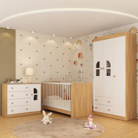 Quarto de Bebê Completo com Berço 3 em 1 para Colchão 130x60cm Amora Multimóveis Mp4557