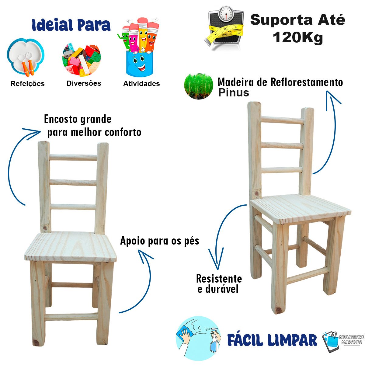 2 Cadeiras Cadeirinhas Infantil de Madeira Maciça Super Resistente - 5