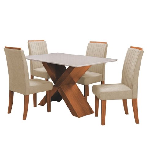 Conjunto de Mesa Sala de Jantar Tampo com Vidro 1,36m 4 Cadeiras Grécia Dobuê