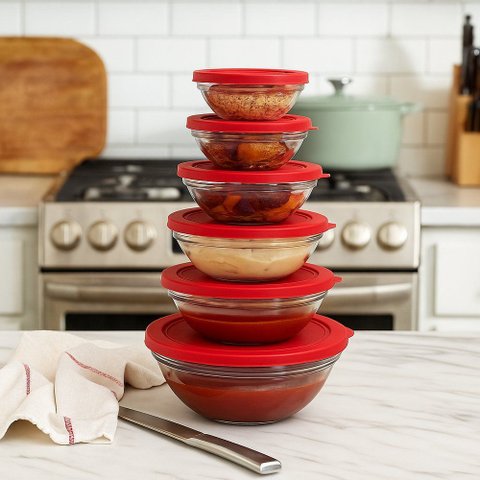 Conjunto 5 Potes Redondo de Vidro com Tampa - Vermelha
