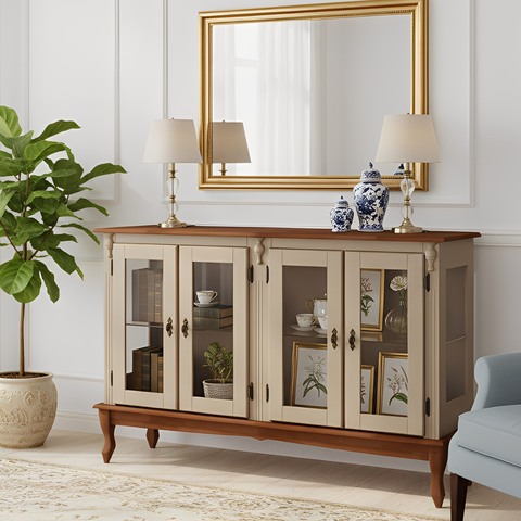 Cristaleira de Madeira 4 Portas 1 Prateleira e Pés Luiz Xv - Amêndoa com Tampo e Base Imbuia Glazer