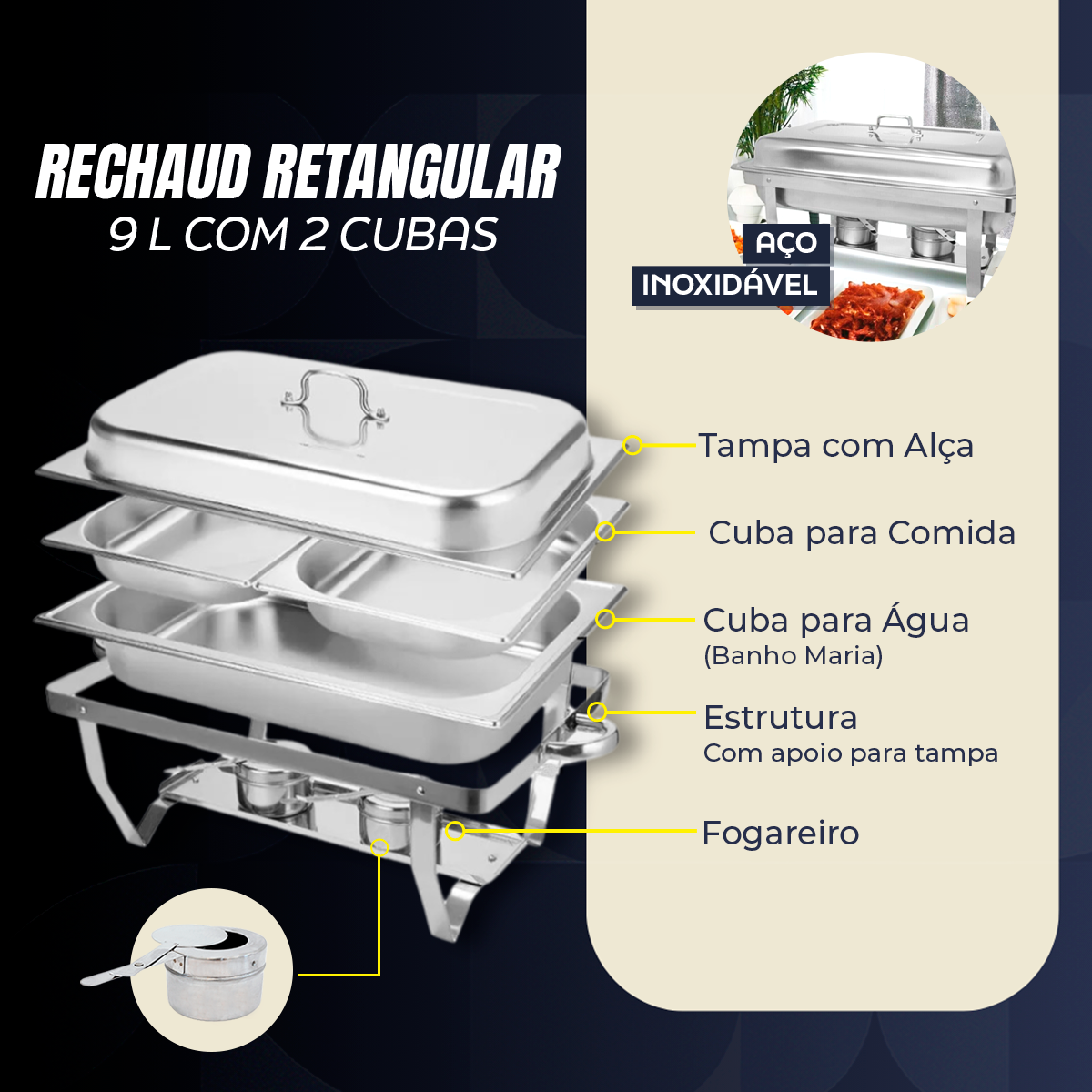 Rechaud Retangular 9 L com 2 Cubas 1/2 Banho Maria Gourmet - Brinovar - 3