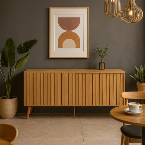 Aparador Buffet Decorativo Trancoso Porta de Correr Ripada Tampo em Mdf para Hall de Entrada Sala