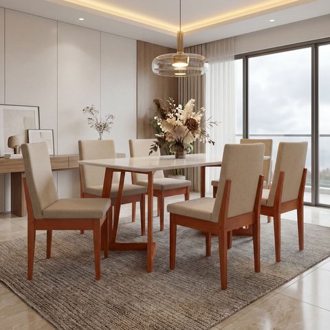 Conjunto Mesa Com Vidro Pés Madeira Maciça 6 Cadeiras Madeira Dakota Tecido A40 