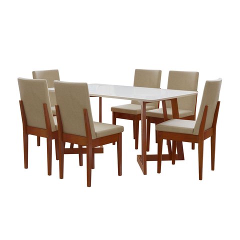 Conjunto Mesa Com Vidro Pés Madeira Maciça 6 Cadeiras Madeira Dakota Tecido A40 