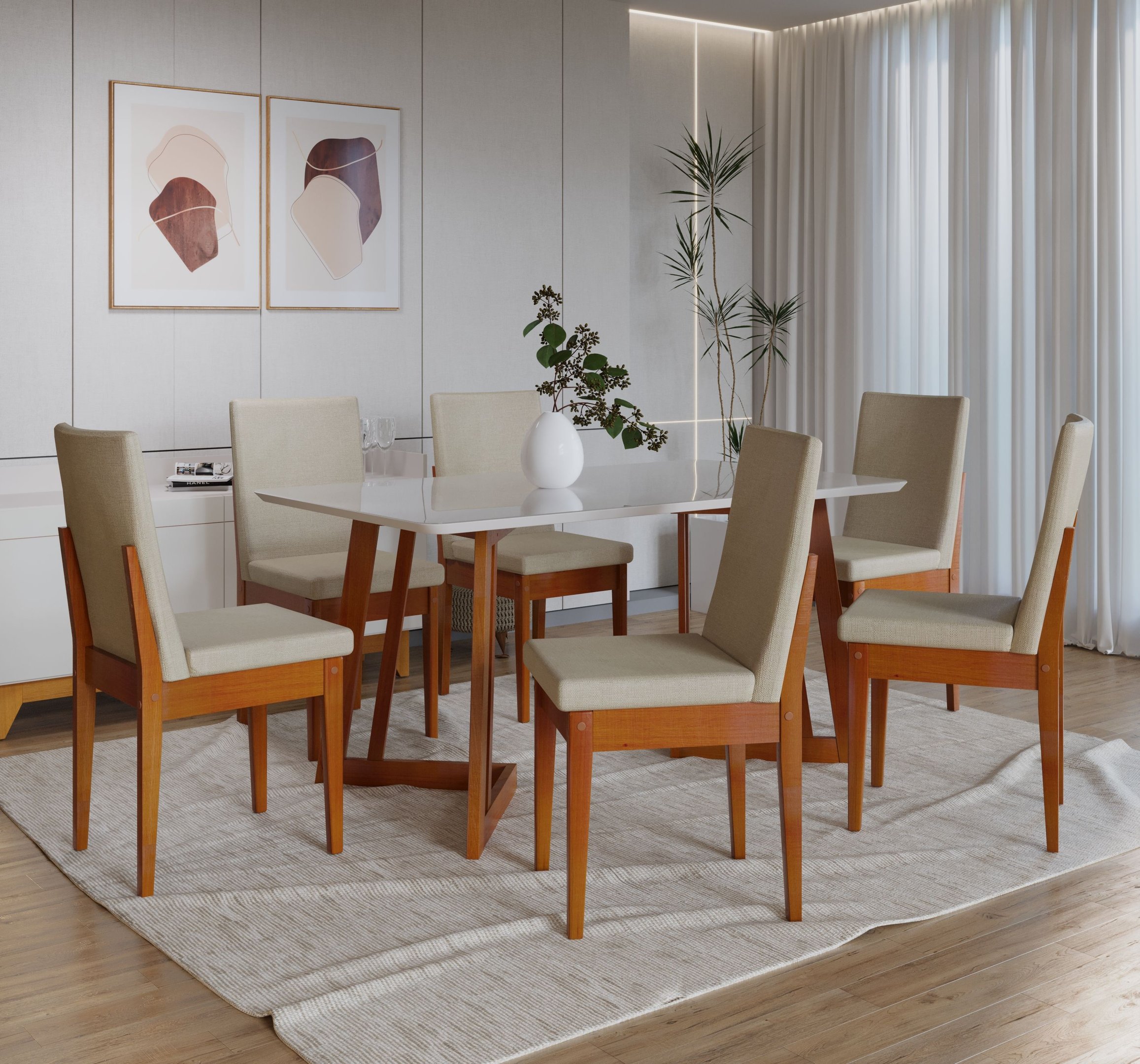 Conjunto Mesa Com Vidro Pés Madeira Maciça 6 Cadeiras Madeira Dakota Tecido A40 