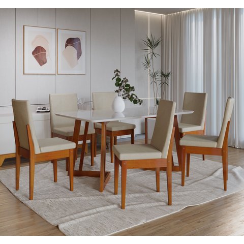 Conjunto Mesa Com Vidro Pés Madeira Maciça 6 Cadeiras Madeira Dakota Tecido A40 