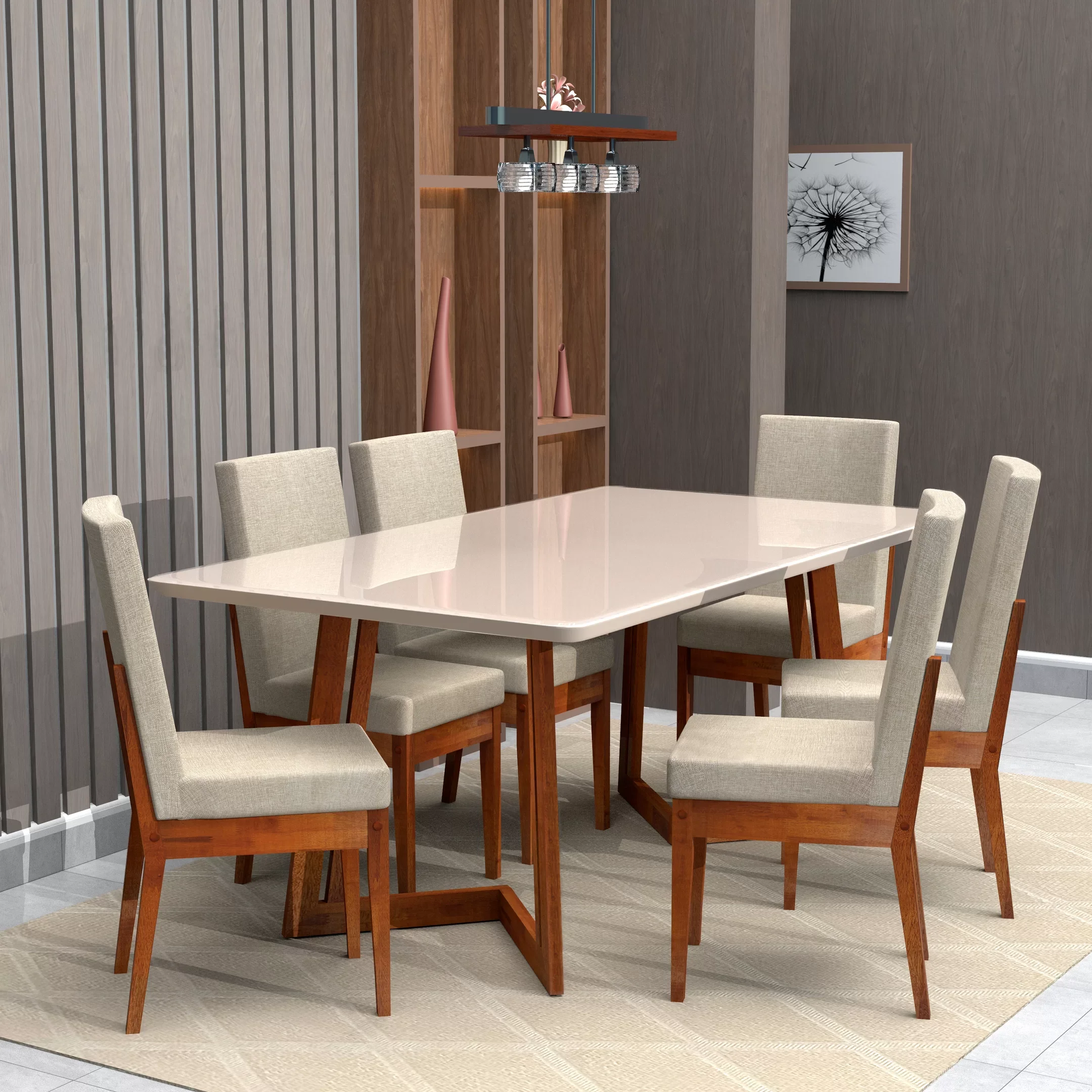 Conjunto Mesa com Vidro Pés Madeira Maciça 6 Cadeiras Madeira