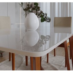 Conjunto Mesa Com Vidro Pés Madeira Maciça 6 Cadeiras Madeira Dakota Tecido A40  - 6