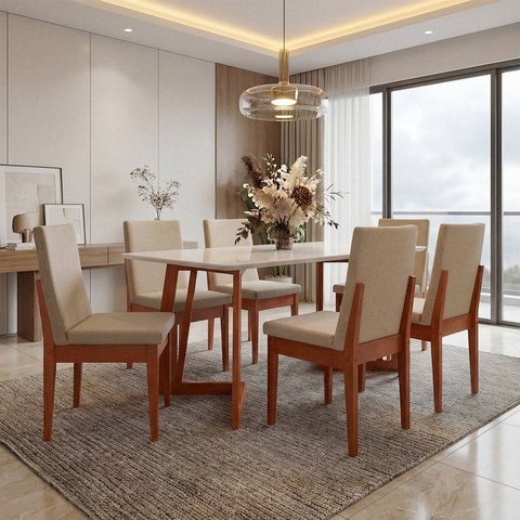 Conjunto Mesa com Vidro Pés Madeira Maciça 6 Cadeiras Madeira Dakota Tecido A40