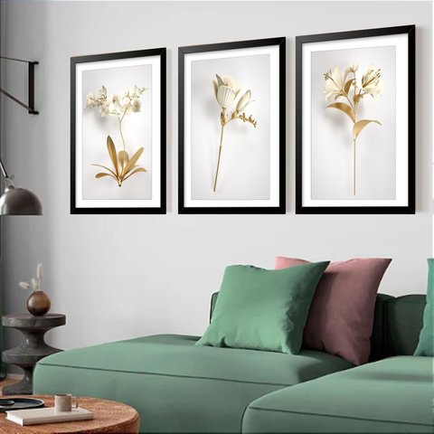 Kit 3 Quadros Grandes Flores Douradas 60x48cm:moldura Preta