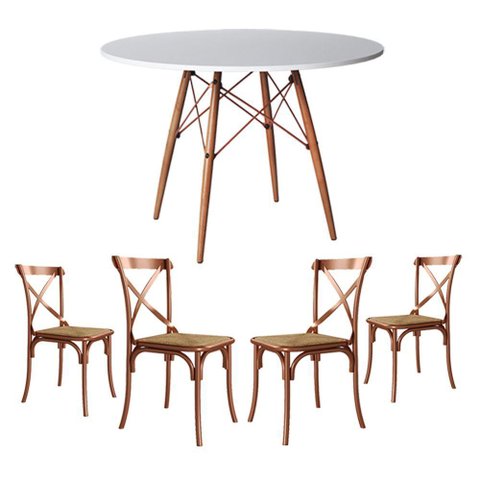 Conjunto de Mesa Eiffel Redondo Tampo de Madeira 110cm Branco com 4 Cadeiras Cobre - Branco