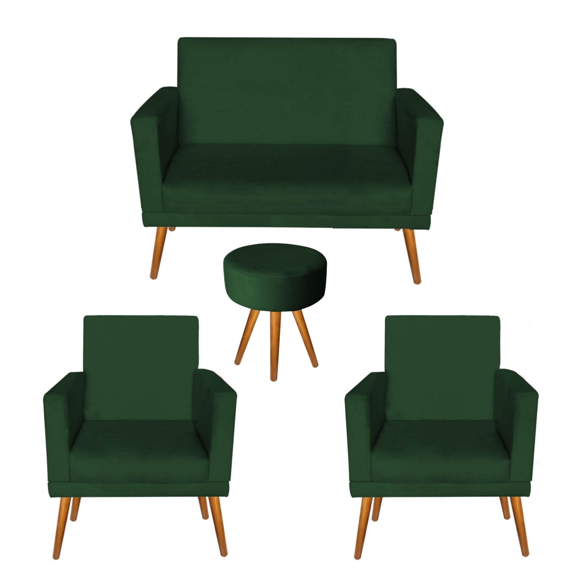 Kit 1 Namoradeira e 2 Poltronas Nina Com Rodapé e 1 Puff Sófia Suede Verde - Móveis Mafer - 1