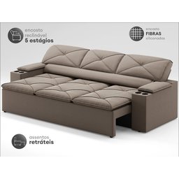Sofá com Porta Copos Retrátil e Reclinável Pop 2,05m Velosuede Capuccino - Netsofas - 3
