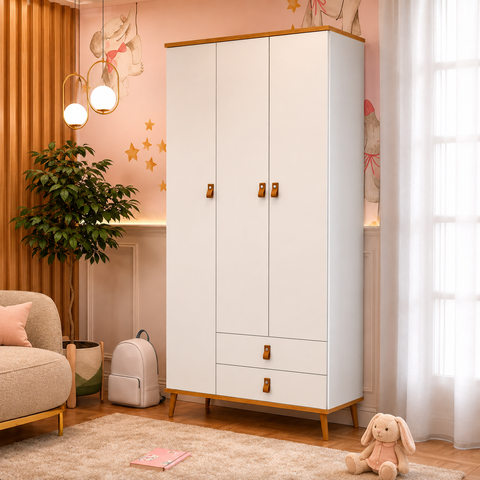 Roupeiro Jujuba Elegante com 3 Portas 2 Gavetas em MDF:Branco