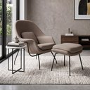 Ver imagem 1 de Poltrona Womb Chair com Puff Linho Base Preta Linha Premium Leitura e Descanso Sala Moderna - Bege