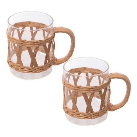Conjunto 2 Canecas / Xícaras de Vidro Borossilicato e Fibra Natural 400ml | Casa Del Grande