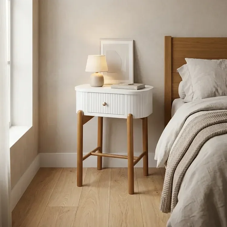 Mesa de Cabeceira 1 Gaveta MDF com Pés em Madeira Maciça Aurora Off White/Castanho