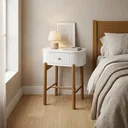 Ver imagem 1 de Mesa de Cabeceira 1 Gaveta MDF com Pés em Madeira Maciça Aurora Off White/Castanho